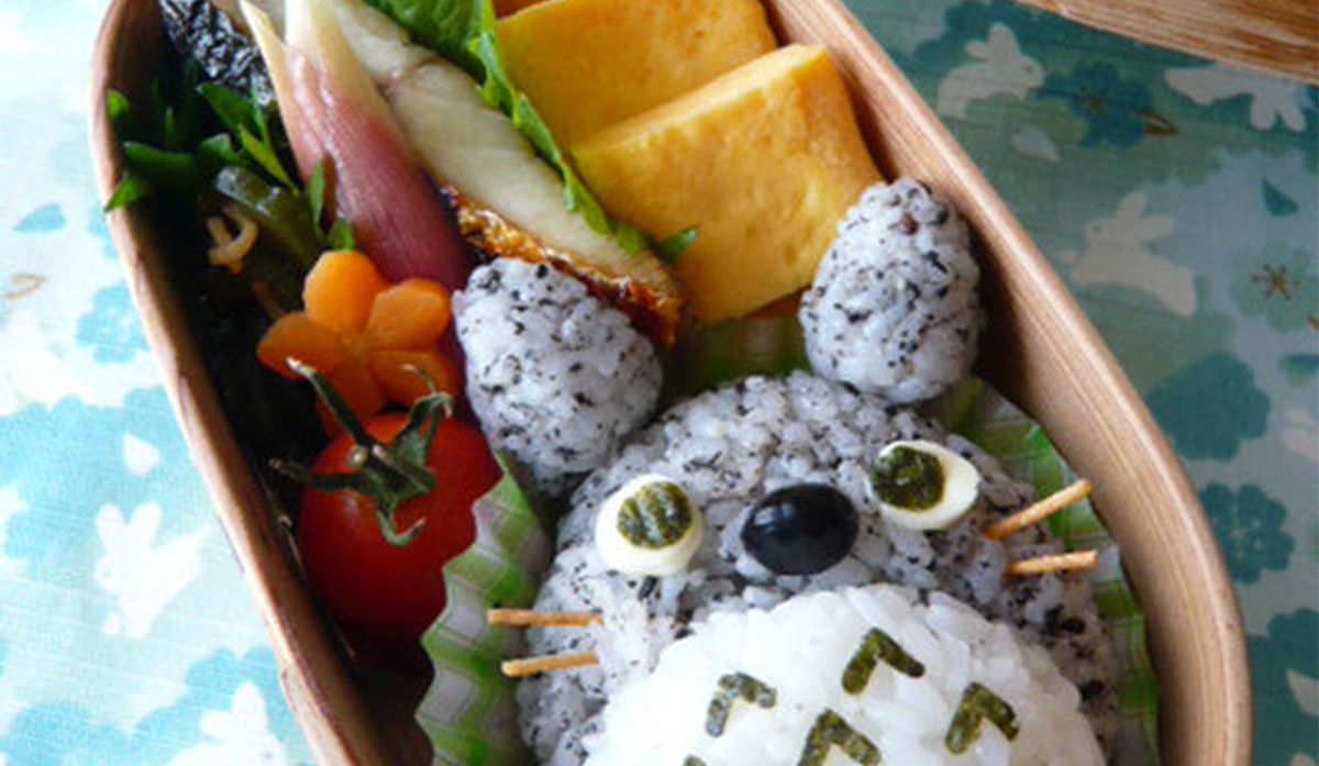 self-made bento with rice in shape of a cat