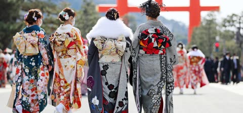 Four women in colorful kimonos walk down a street toward a large, red torii gate in the distance.