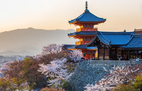 A red Japanese pagoda with blue roofs stands on a hill among cherry blossoms, overlooking a city and mountains at sunset.